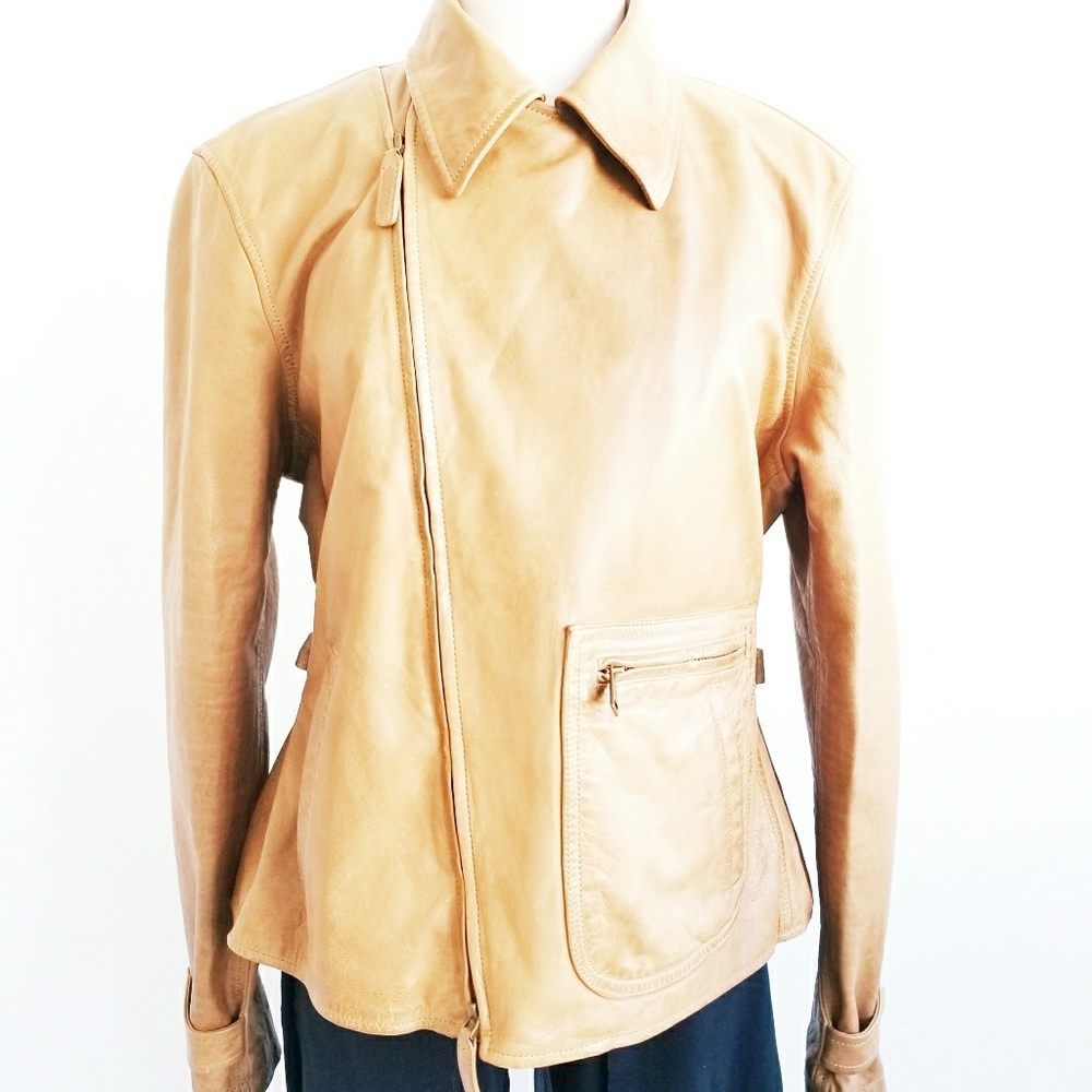 Ralph Lauren Blue Label Tan Leather Asymmetrical Zip Jacket